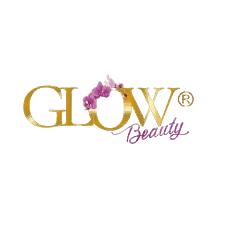 Glow Beauty logo with purple flowers and gold lettering.