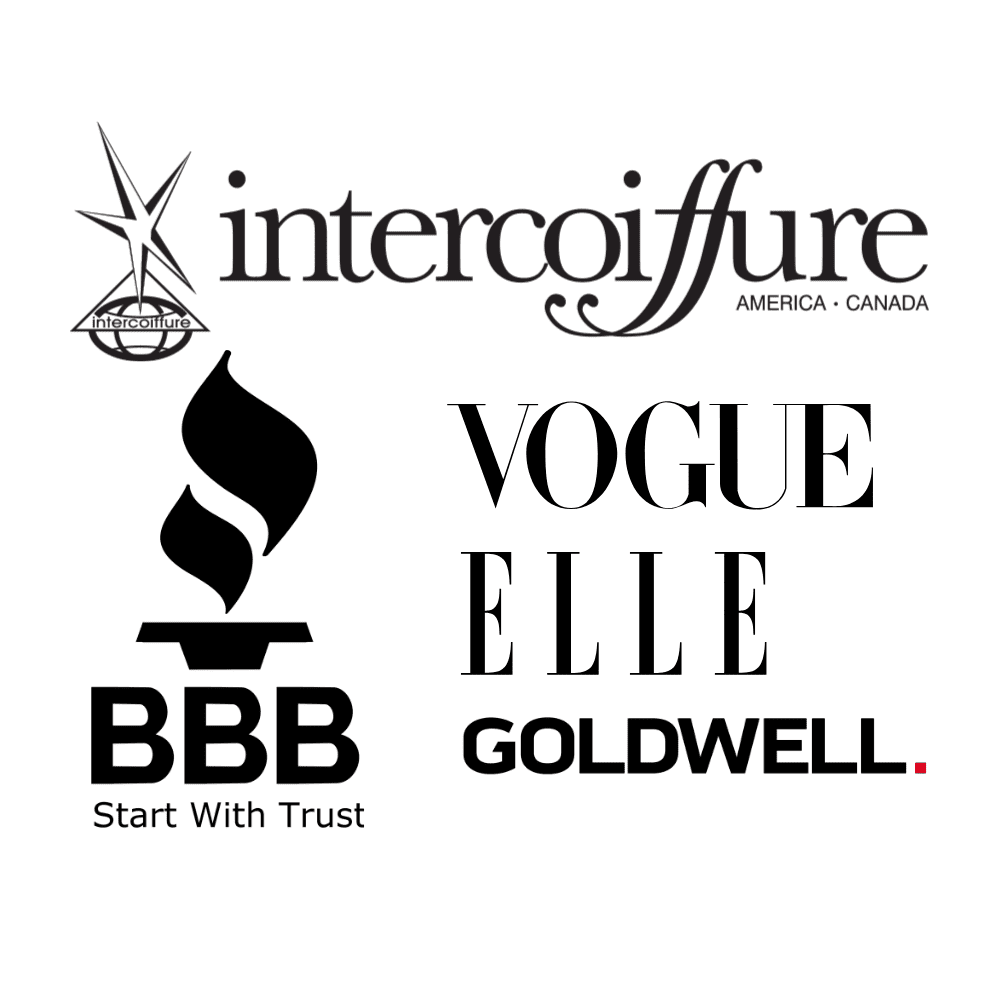 Logos of Intercoiffure, BBB, Vogue, Elle, and Goldwell.